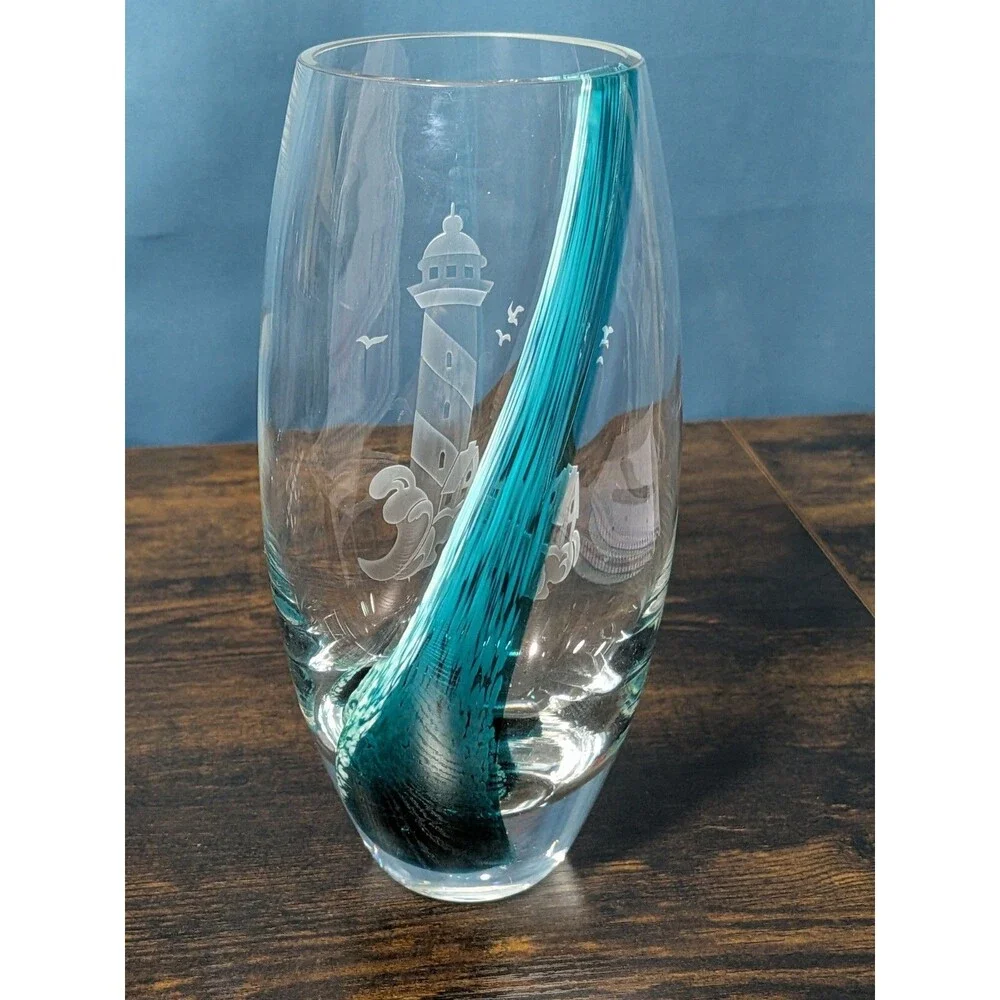 Lenox Barrel Etched Teal Vase Swirl Wave Lighthouse Crystal/Cut Glass 8